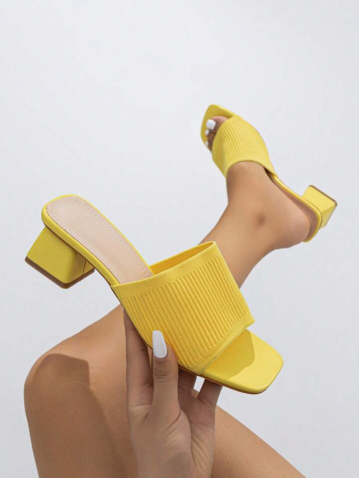 Fashion Yellow Mule Sandals For Women, Knit Detail Chunky Heeled Sandals | SHEIN