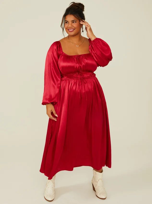 Faye Satin Midi Dress in Red | Arula | Arula