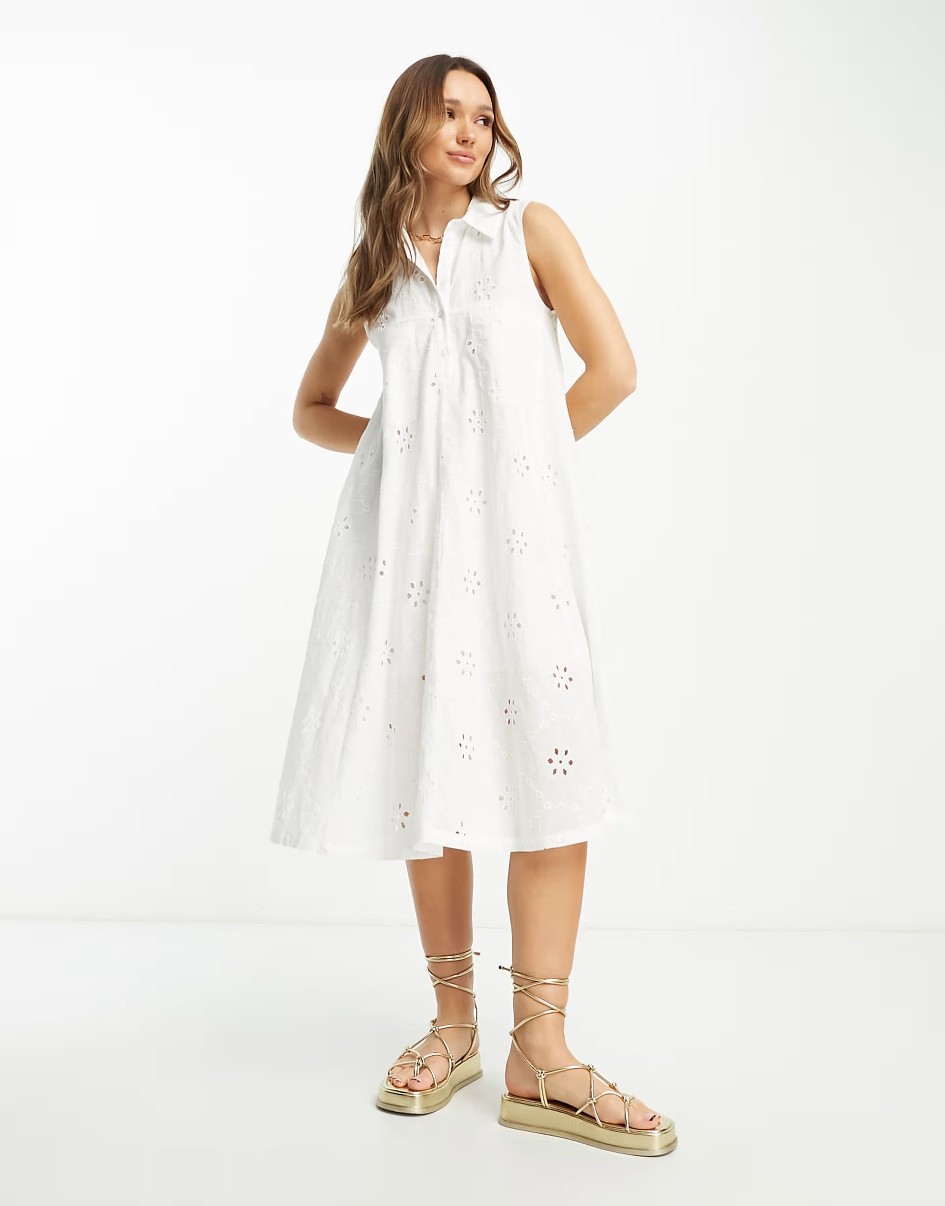 ASOS DESIGN eyelet tent midi shirt dress in white | ASOS (Global)