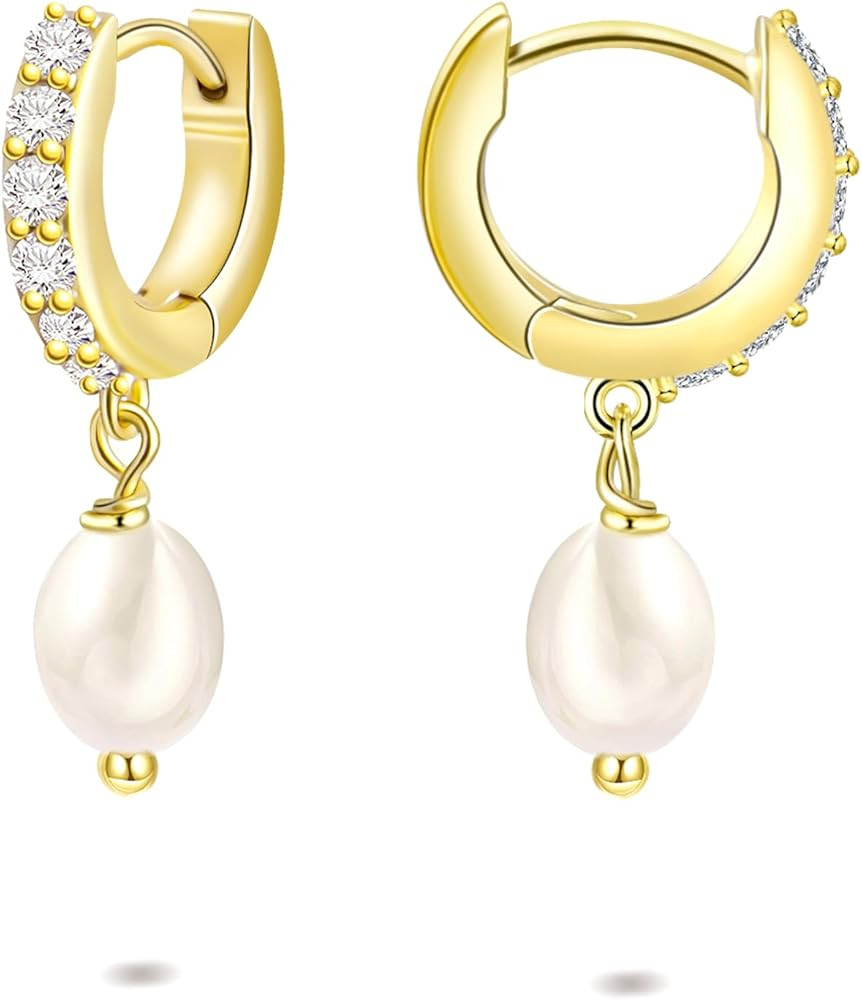 14k Gold Pearl Drop Earrings, Pearl Huggie Earrings for Women, Cubic Zirconia Hoop Earrings, Hypo... | Amazon (US)