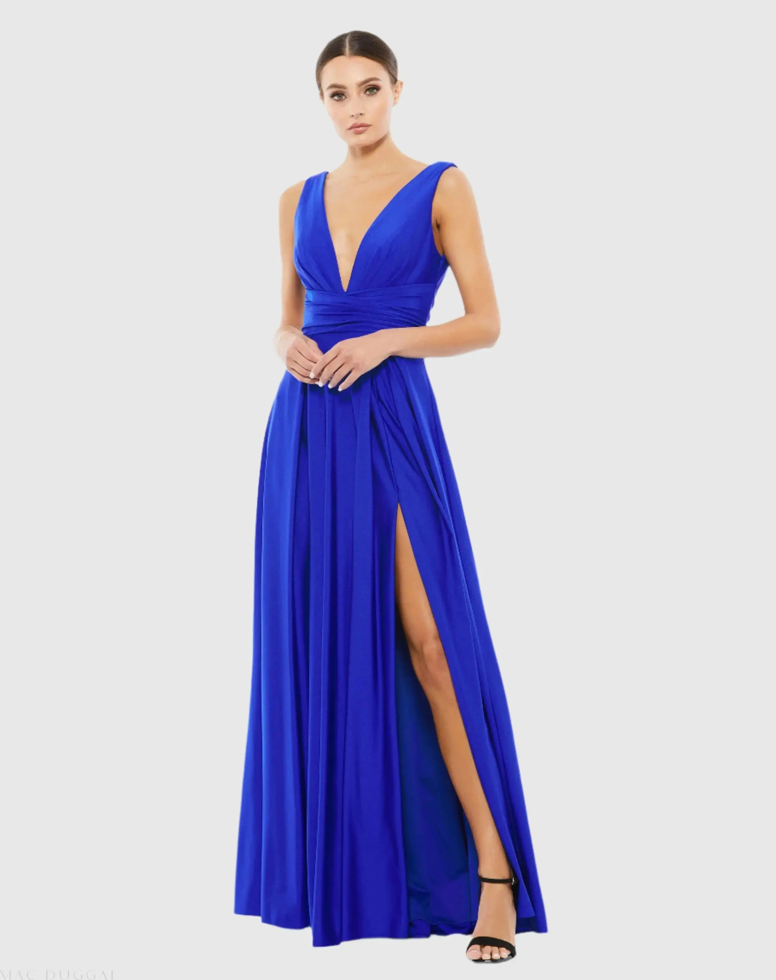 Blue Jersey Plunge Neck Evening Gown - Mac Duggal | Mac Duggal