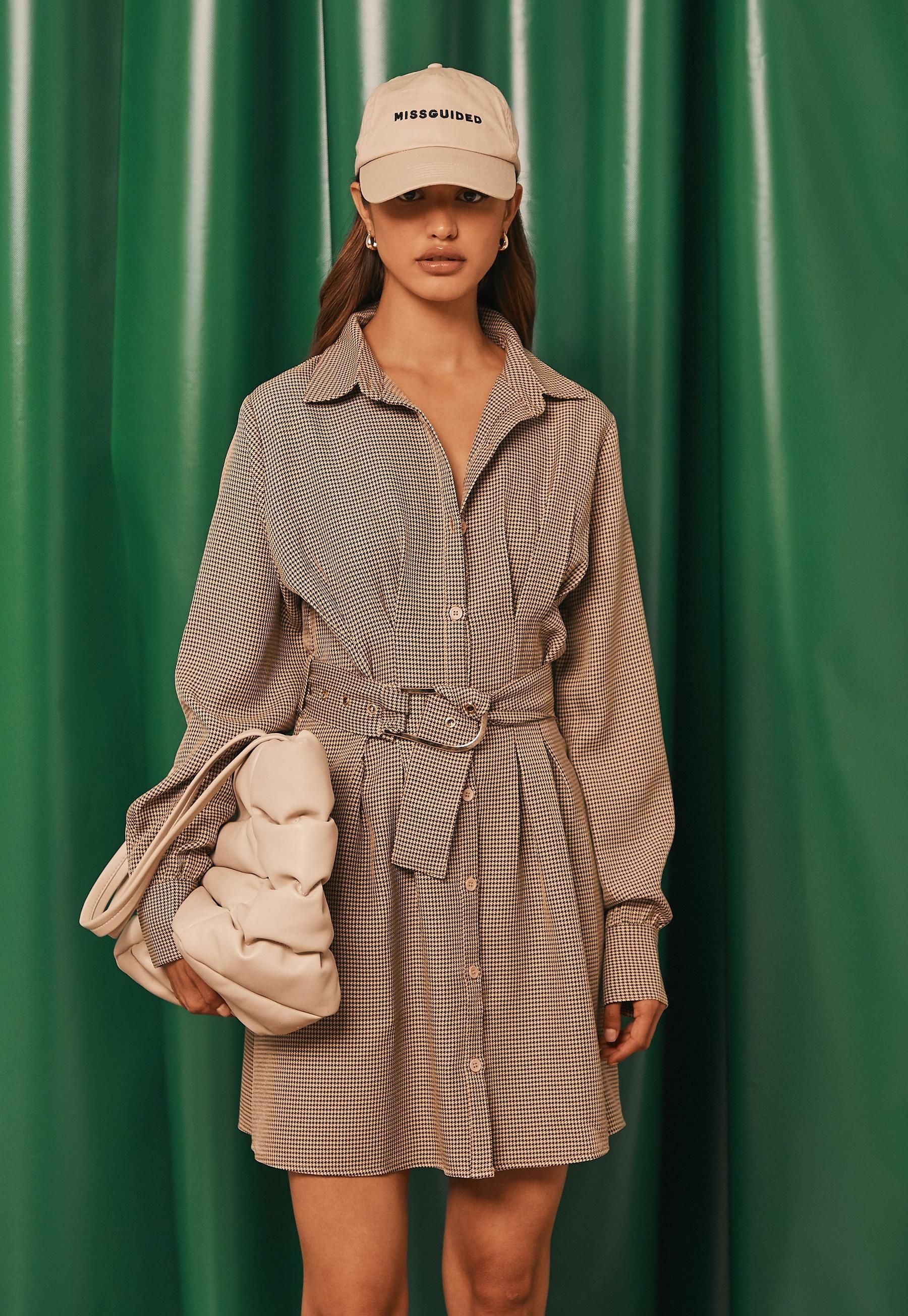 Missguided - Brown Dogstooth Belted Shirt Dress | Missguided (US & CA)