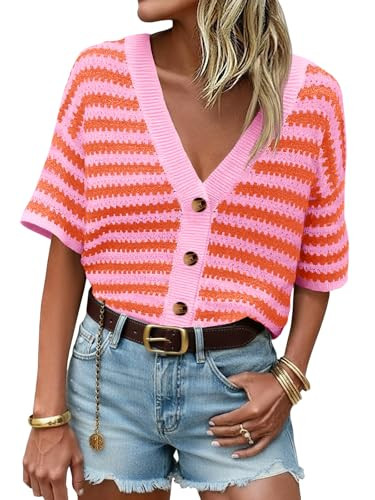Saodimallsu Womens Short Sleeve Striped Cardigan Sweaters Crochet Knit Button Down Shirts V Neck Spring Summer Tops Orange | Amazon (US)