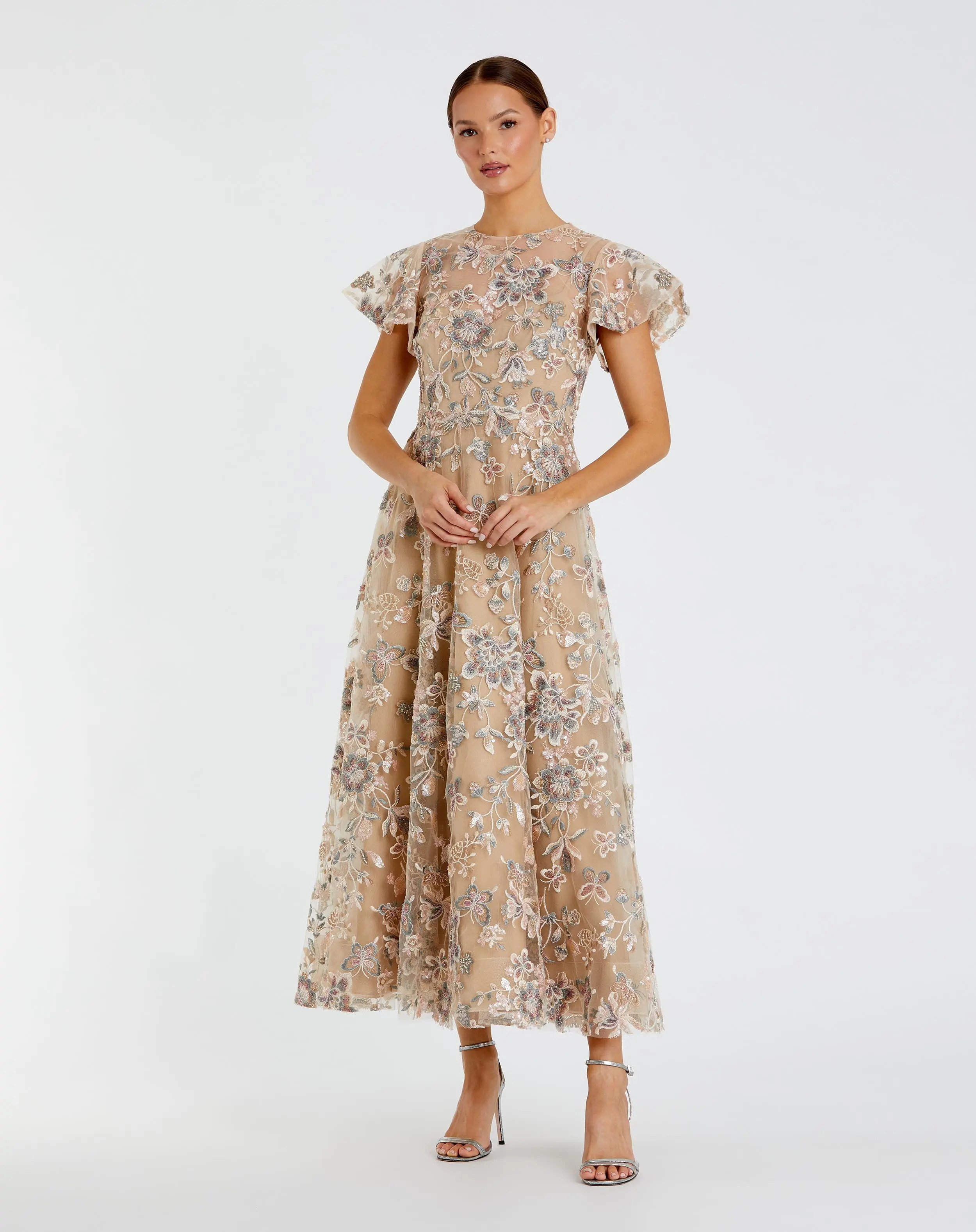 Mac Duggal - Beige Flutter Sleeve Butterfly Embroidered Maxi Dress - Nude / US 16 | Mac Duggal