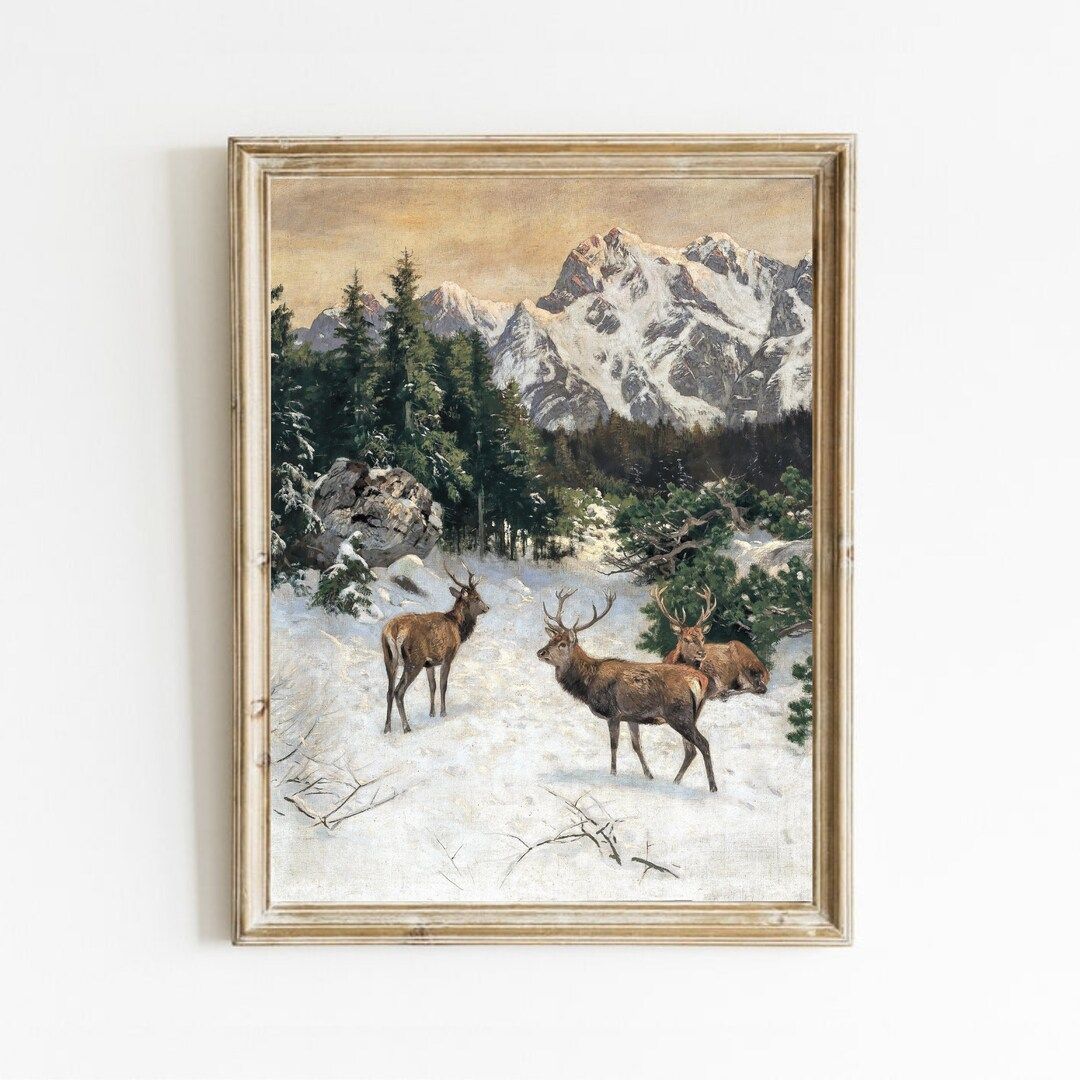 Winter Mountain Landscape, Rustic Deer Painting, Vintage Winter Art Print, Snowy Mountain Paintin... | Etsy (US)