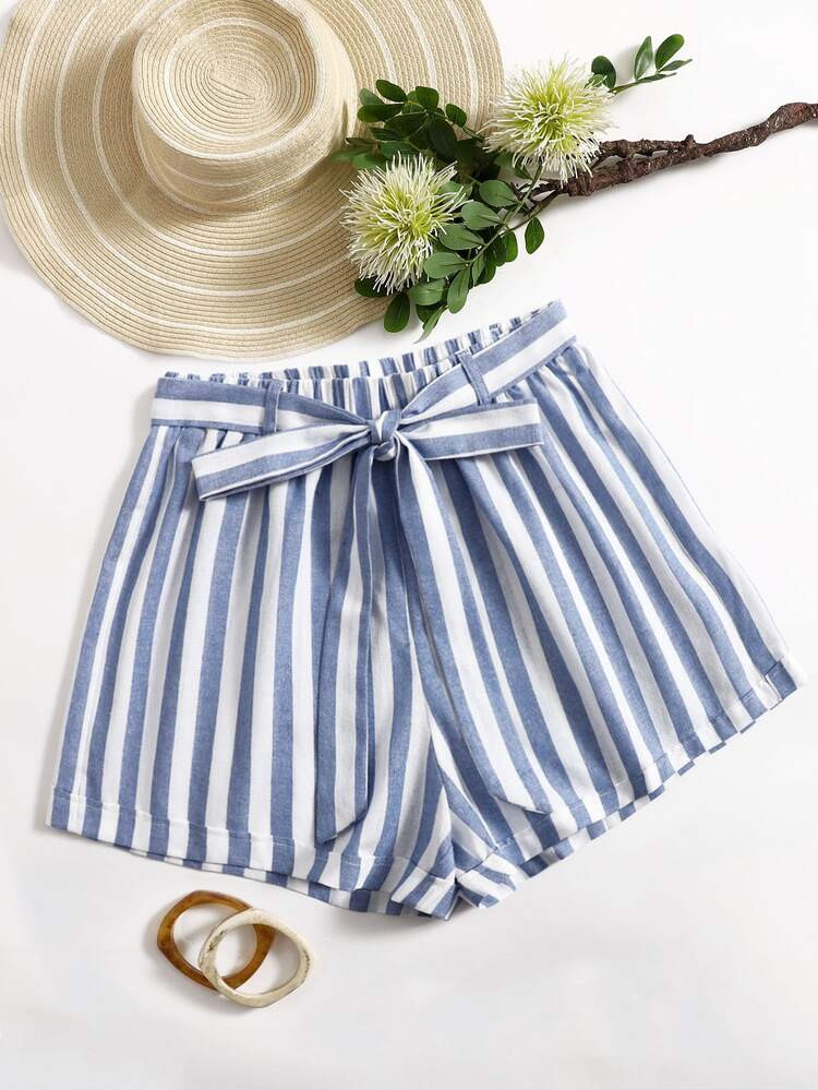 SHEIN Striped Belted Wide Leg Shorts | SHEIN