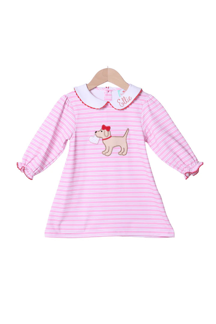 Puppy Love Pink Stripe Ruffle Dress | The Smocked Flamingo