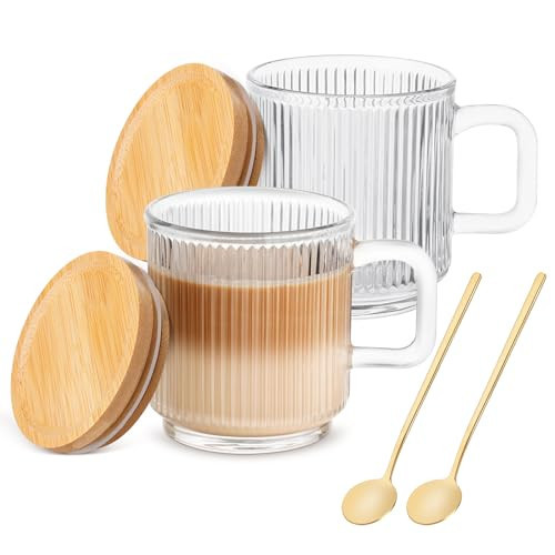 Glass Coffee Mugs, 11oz Glass Coffee Cups with Bamboo Lids and Spoon, Clear Coffee Cups Set of 2, Espresso Cups for Coffee Bar Accessories, Cute Ribbed Glassware Set for Latte, Cappuccino, Tea, Gift | Amazon (US)