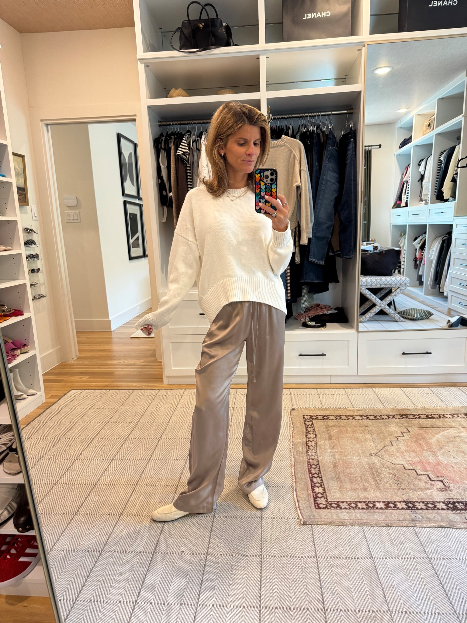 @onequince silk pants (xs) and my favorite sweater (wearing xs)! #quincepartner 