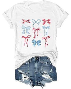 Coquette 4th of July Shirt, Red White and Blue American Coquette Bows Funny 4th of July T-Shirt | Amazon (US)