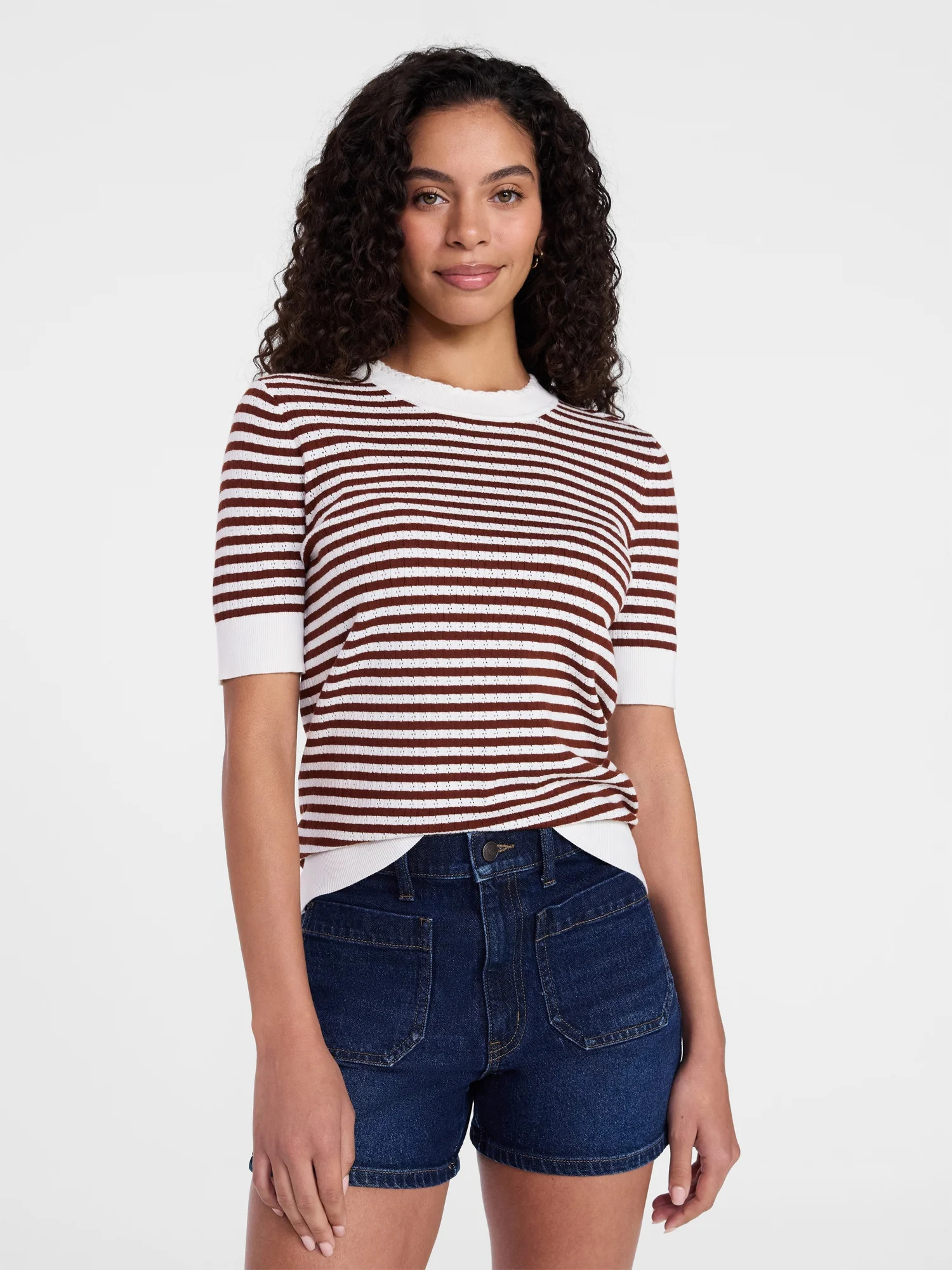 Time and Tru Women's Stripe Pointelle Rib Sweater with Short Sleeves, Lightweight, Sizes XS-XXXL | Walmart (US)