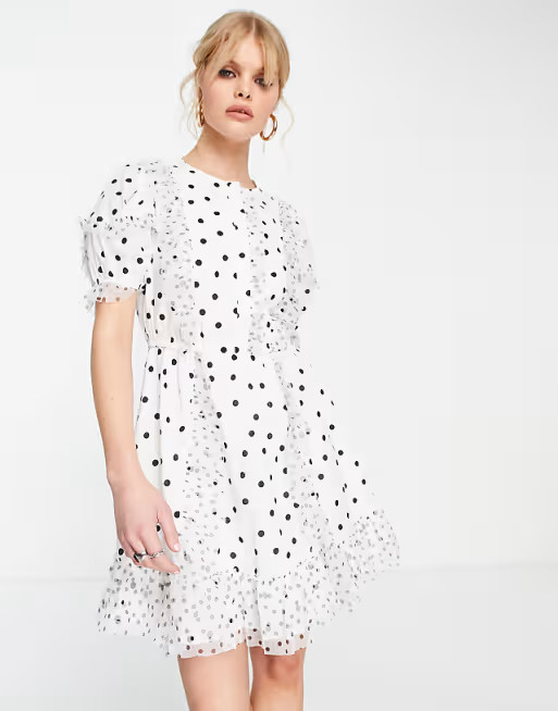 Topshop mix spot ruffle mini tea dress in mono | ASOS (Global)