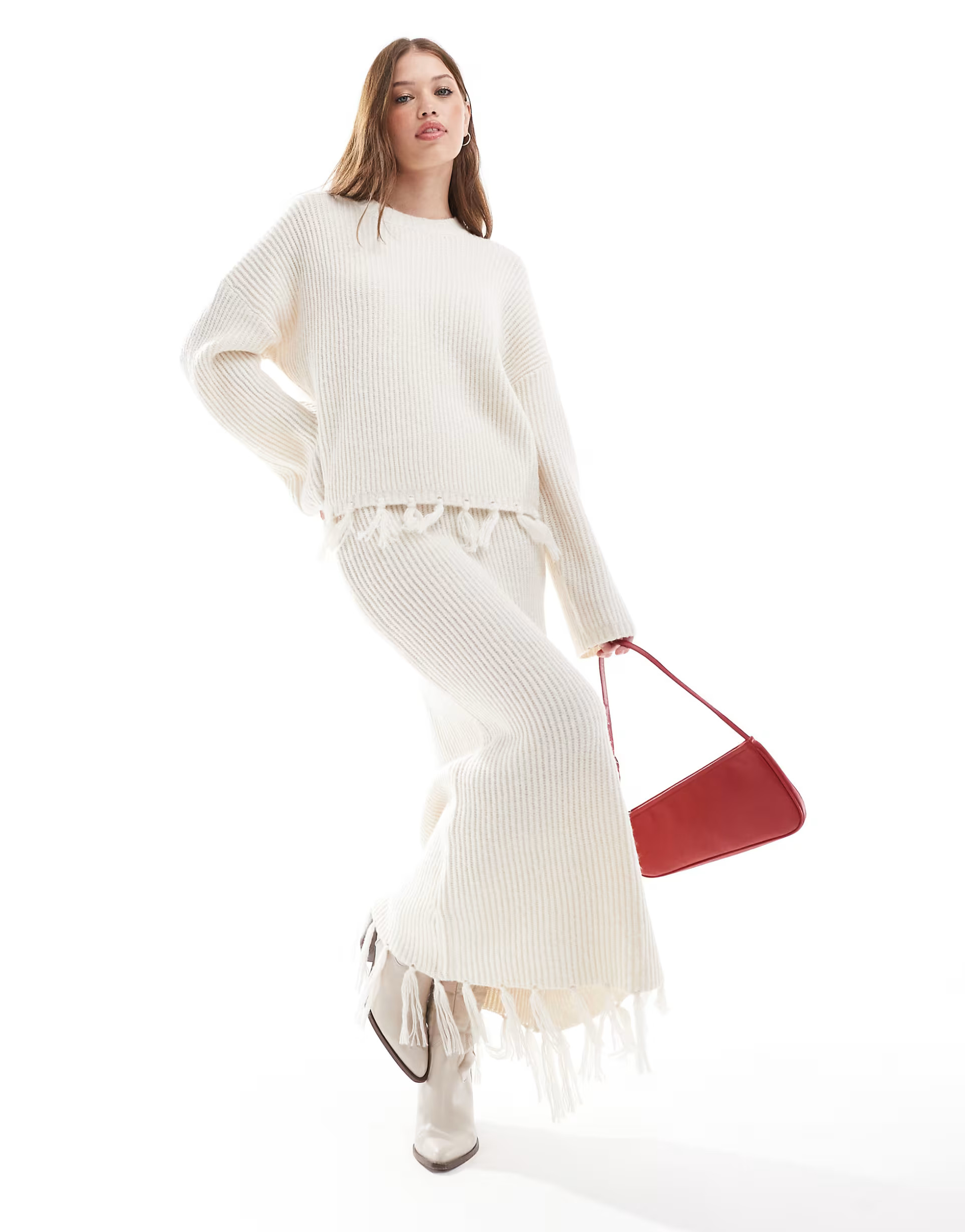 4th & Reckless wool mix tassel edge knit maxi skirt in cream - part of a set | ASOS (Global)