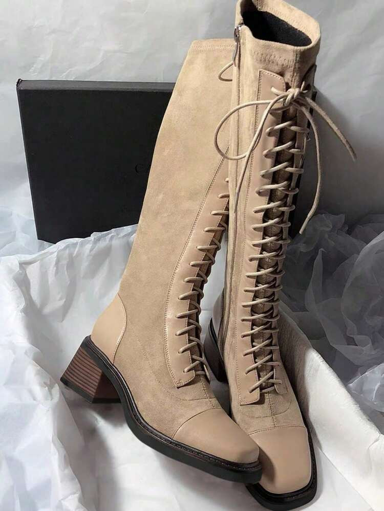 Fall/Winter 2025 New Lace-Up Thigh High Boots, Square Toe Chunky Heel, Slim Fit Side Zipper Patch... | SHEIN