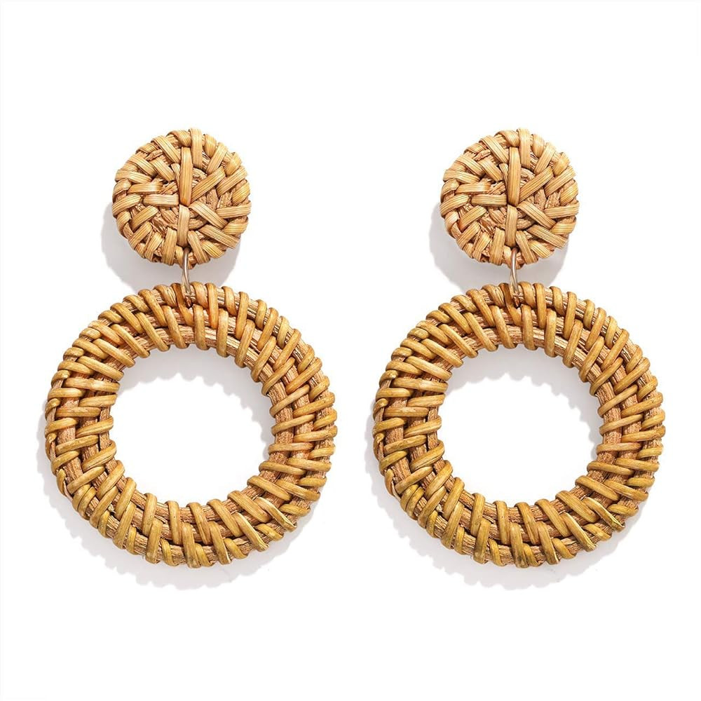Rattan Woven Dangling Earrings Handmade Straw Dangle Drop Earrings Boho Summer Beach Statement Ci... | Amazon (US)