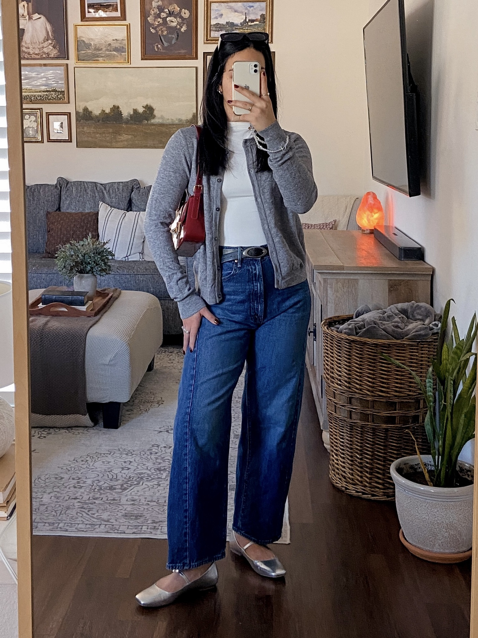 recreating a pinterest inspired outfit featuring my jeans from rent the runway! check out rent the runway (link in IG bio) and use code RTRXJMELGOZA50 for a big discount!! 👀📌💕 barrel jeans outfit, white tank outfit, grey cardigan outfit, metallic flats outfit, burgundy bag outfit, chic sunglasses outfit, pinterest inspired outfit, casual elevated outfit, effortless fall outfit, everyday casual chic, cozy cardigan outfit, metallic shoe trend, fall street style outfit, minimalist fall fashion, pinterest style inspiration, casual elevated style, chic everyday outfit, capsule wardrobe outfit, neutral outfit inspo, fall fashion aesthetic, trending fall outfit, comfy chic outfit ideas, casual but polished outfits, barrel denim trend, amazon white tank, cozy grey cardigan, metallic flats trend 2025, burgundy accessories, fall handbags, fall outfit pieces, aesthetic sunglasses, fall wardrobe staples  

 #LTKCyberWeek #LTKGiftGuide #LTKHoliday