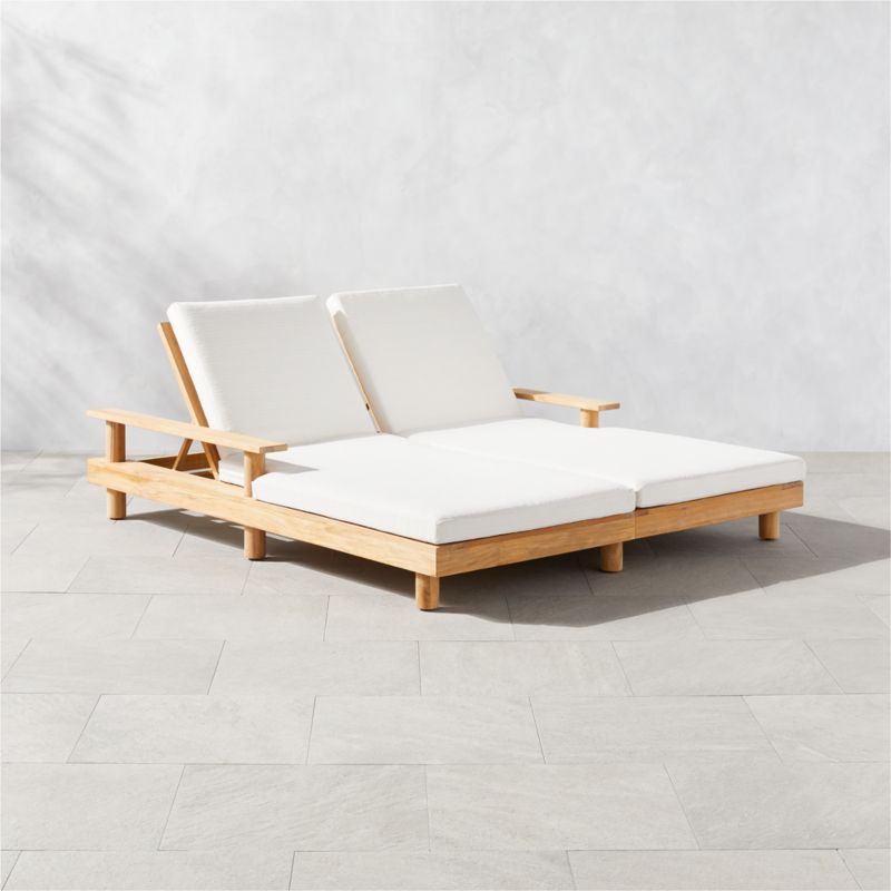 Pinet Modern Teak Outdoor Double Chaise Lounge with Textured White Cushions | CB2 | CB2