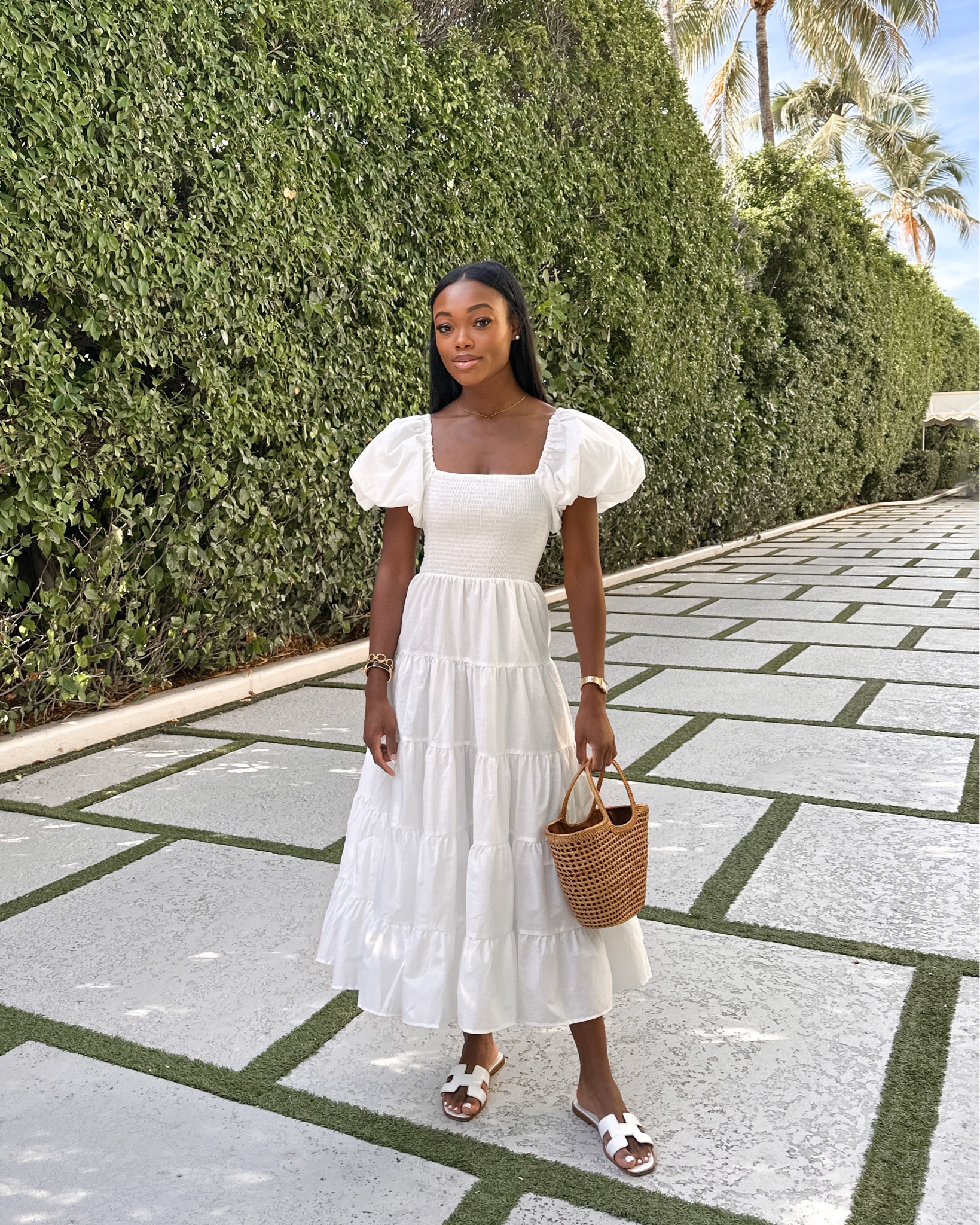 Neutral fashion, white dress, palm beach style, summer style, palm beach dress, puff sleeve dress, midi dress, straw bag, Oran sandals 

#LTKSeasonal #LTKstyletip #LTKshoecrush