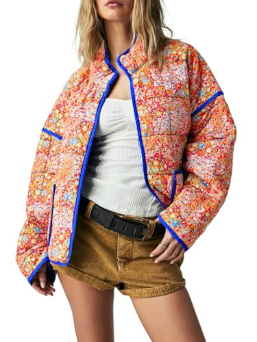 Tankaneo Womens Quilted Lightweight Jackets Floral Print Winter Coats Open Front Cardigan with Pockets | Amazon (US)