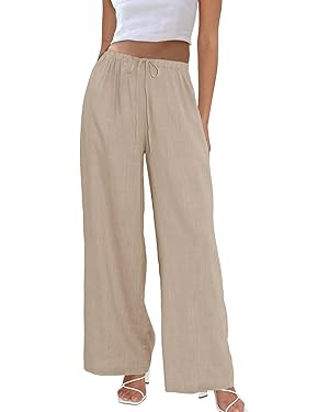 Duyang Womens Cotton Linen Palazzo Pants Drawstring Elastic Waist Casual Wide Leg Trousers with P... | Amazon (US)