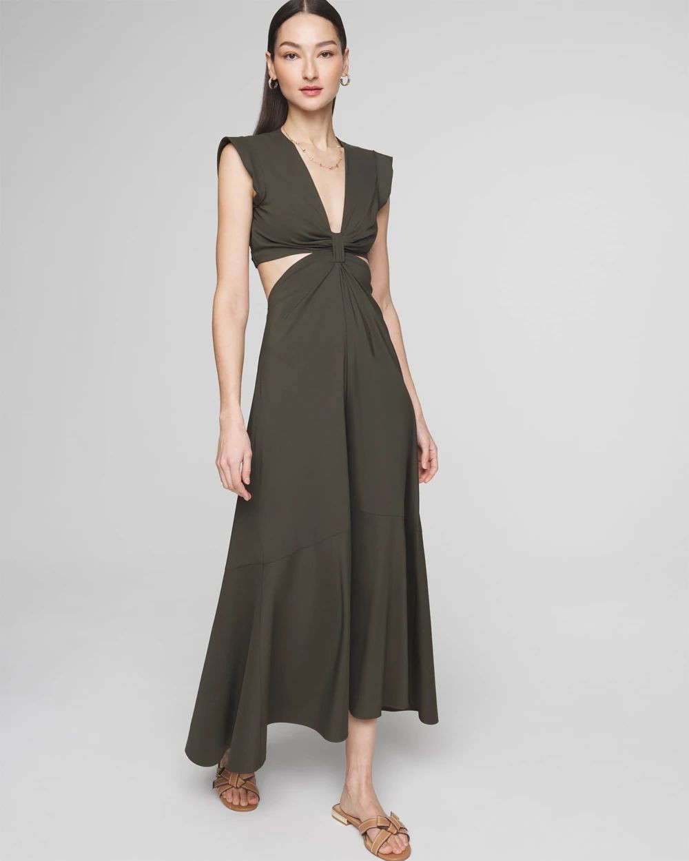 Cap Sleeve V-Neck Cutout Midi Dress | White House Black Market