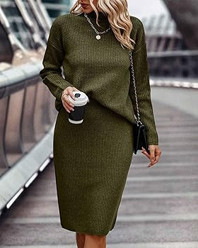 BTFBM Women's 2 Piece Skirts Outfits Long Sleeve Knit Pullover Split Bodycon Midi Skirt Fall Wint... | Amazon (US)