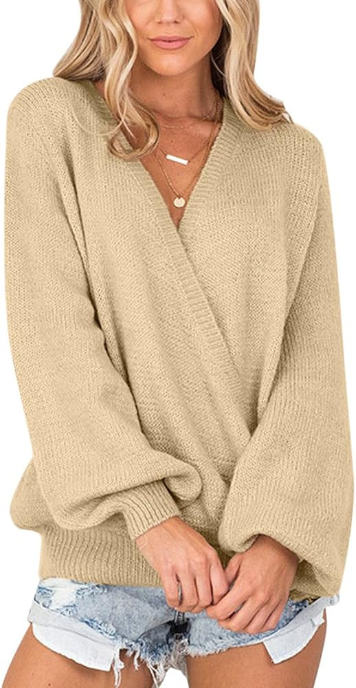 LookbookStore Women's Knit Long Sleeve Faux Wrap Surplice V Neck Sweater Top | Amazon (US)