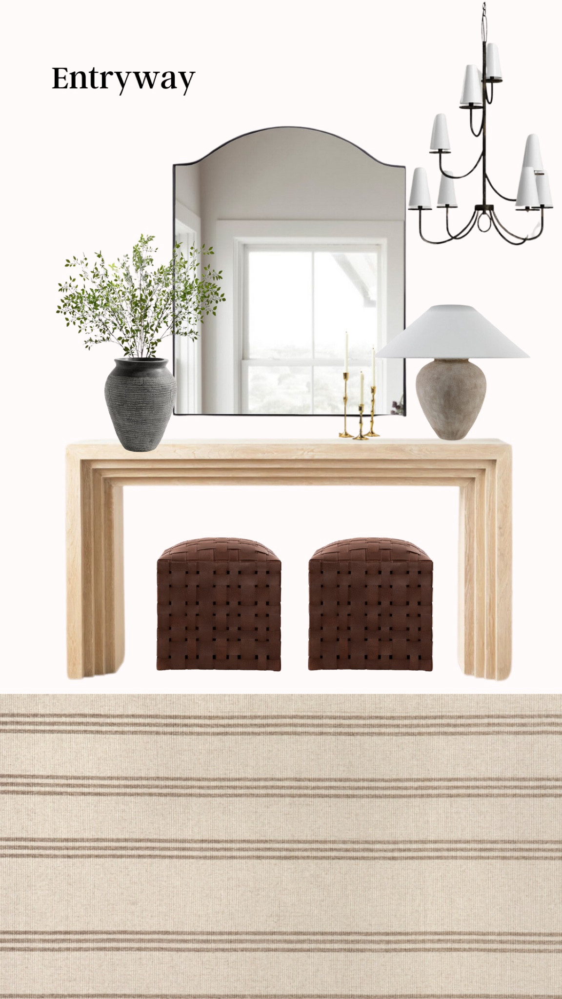 Entryway inspo. 

Console table | McGee and Co table | Pottery Barn vase | entry mirror | ottomans | entry rug | chandelier | greenery 

#LTKHome