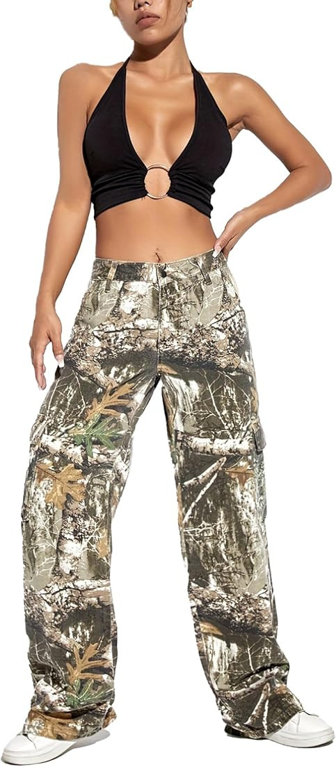 Women Camo Cargo Pants High Waist Baggy Wide Leg Camouflage Army Fatigue Joggers Trousers Slim Fi... | Amazon (US)