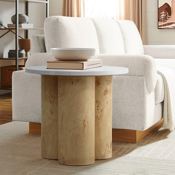 LuxenHome Round Wood Side Table with Pillar Leg and Faux Marble Top, 19.7" Wide Burl Wood Finish ... | Amazon (US)