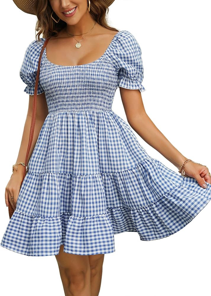 Dokuritu Women's Dresses Summer Plaid Gingham Checkered Cottagecore Puff Sleeve Smocked Cute Teen Ba | Amazon (US)