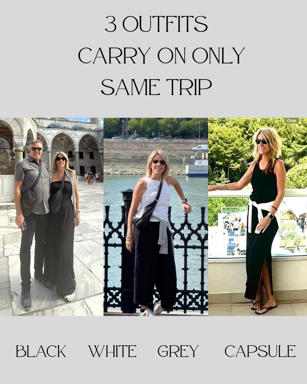 3 outfits, one carry-on, same trip to Istanbul. Everything is linked — black tank, white tank, black linen pants, crossbody bag, and the cardigan I tied at the waist to change the whole look. This is the black · white · grey capsule in action.