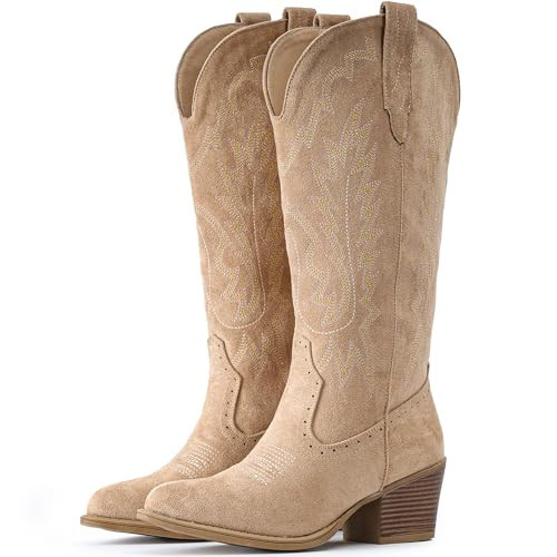 IUV Suede Cowboy Boots For Women Chunky Heel Pointed Toe Cowgirl Boots Mid Calf Western Embroidery Boots | Amazon (US)