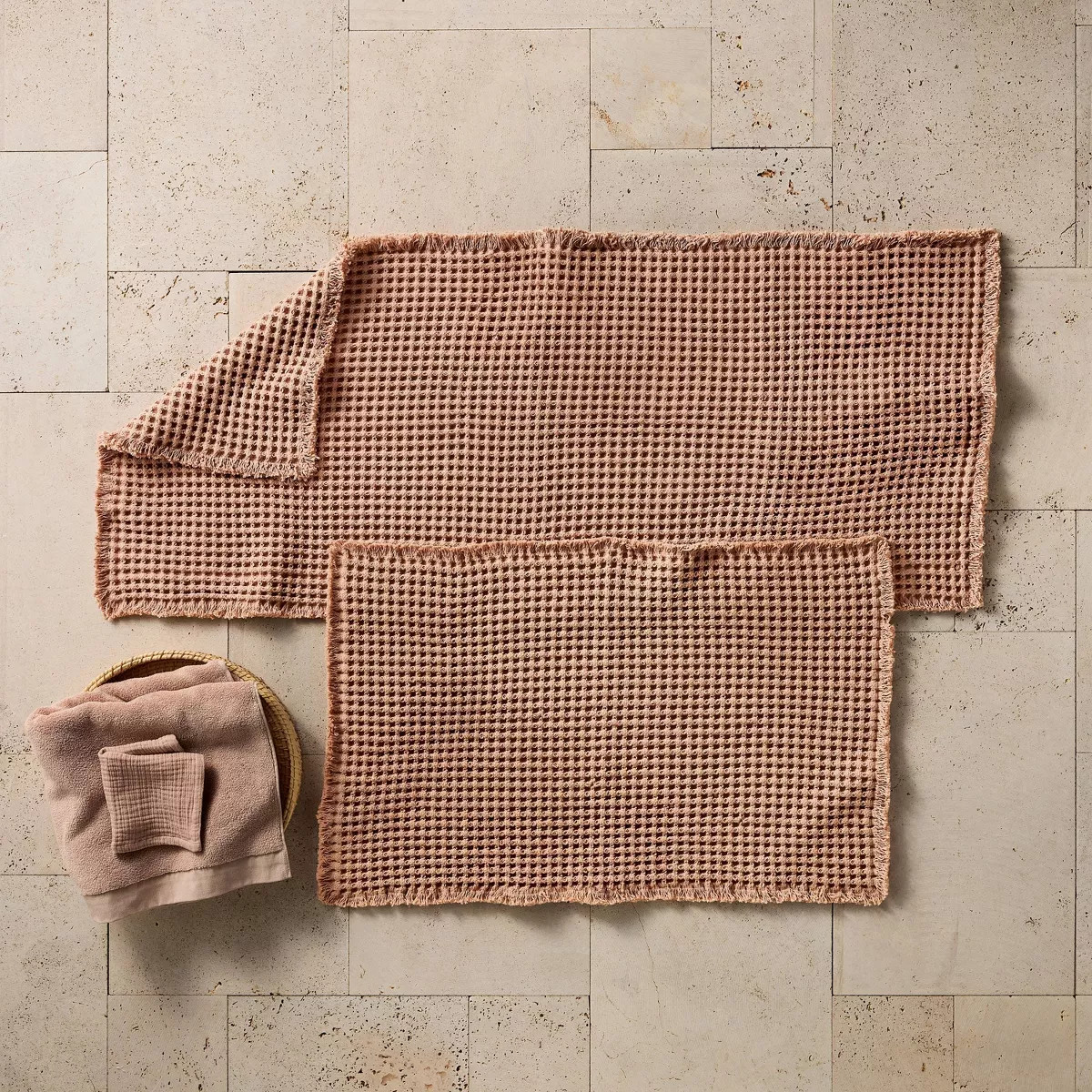24"x60" Waffle Cotton Bath Rug with Fringes Clay - Casaluna™ | Target