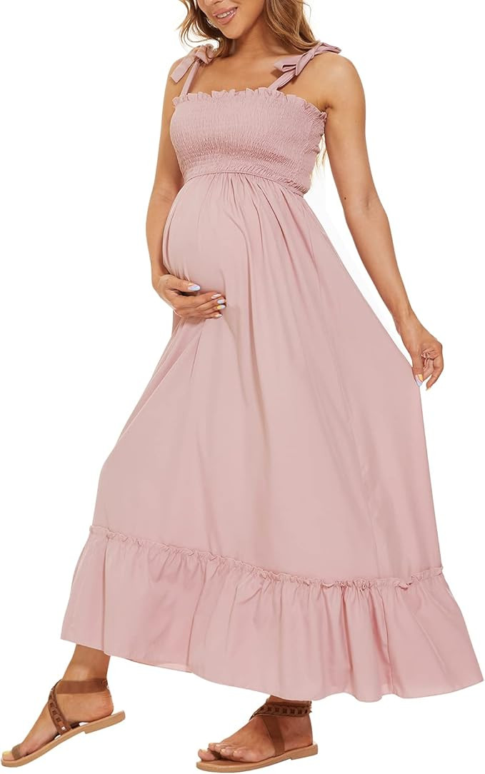 guruixu Spaghetti Maternity Dress for Baby Shower Photoshoot Causal, Square Neck Smocked Tiered R... | Amazon (US)