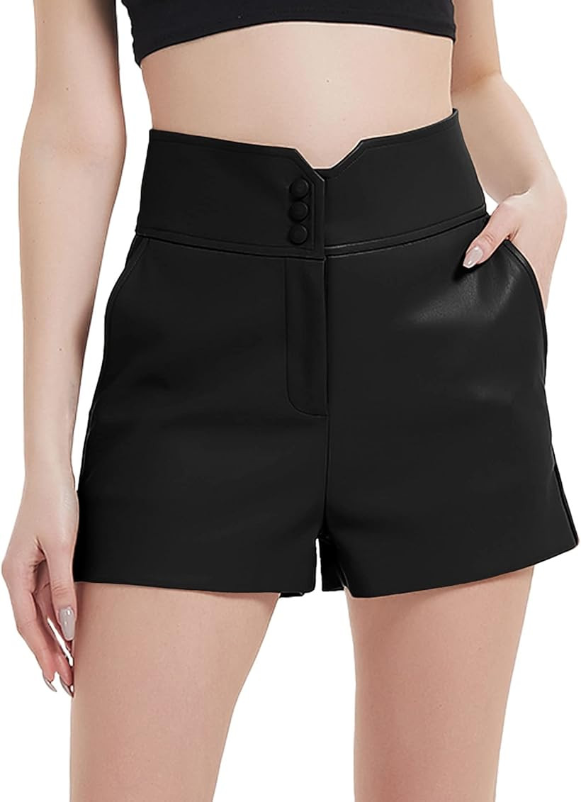 Bellivera Women Faux Leather High Waist Stretchy Summer Fashion Motorcycle Shorts Casual Slim Bik... | Amazon (US)
