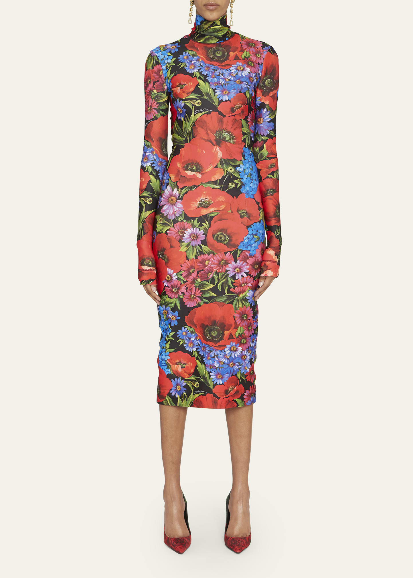 Dolce&Gabbana Floral-Print Lycra Turtleneck Midi Dress | Bergdorf Goodman