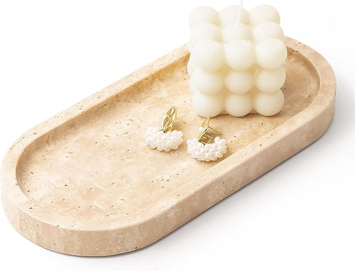 WORHE Italy Natural Travertine Stone Tray for Jewelry, Candles, Perfume, Trinket, Marble Oval Van... | Amazon (US)