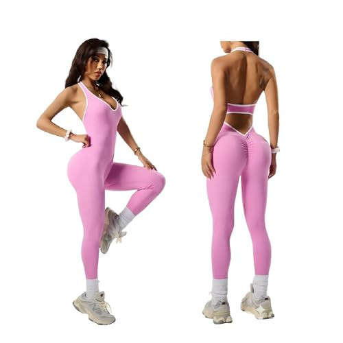 EROSEL Women’s Halter One-Piece Yoga Bodysuit, Open Back Workout Jumpsuit for Gym, Fitness, Pilates, Dance,Activewear Romper (Pink, Medium) | Amazon (US)