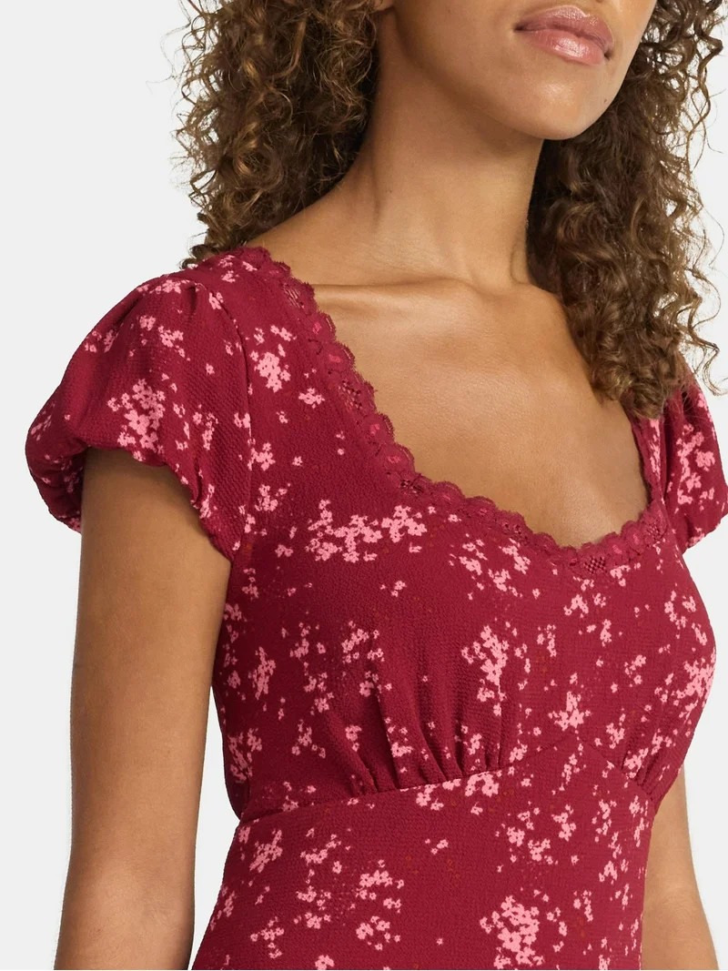 No Boundaries Lace Trim Maxi Dress with Short Bubble Sleeves, Women's | Walmart (US)