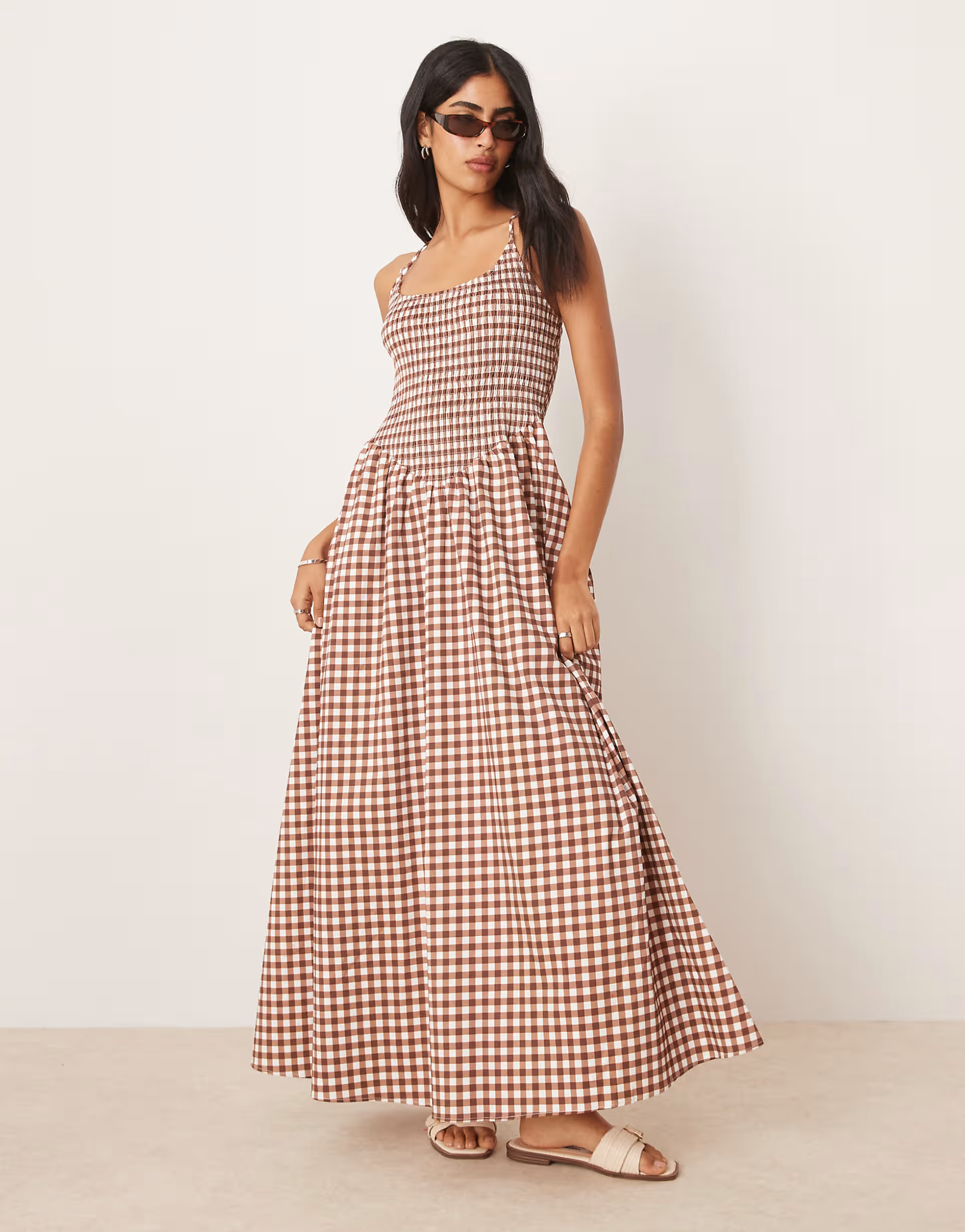 ASOS DESIGN scoop neck crinkle maxi dress with cross back in chocolate gingham | ASOS | ASOS (Global)