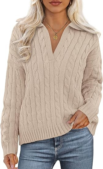 PRETTYGARDEN Fall Cable Knit Sweaters for Women 2025 Long Sleeve Loose Chunky Polo V Neck Sweater... | Amazon (US)