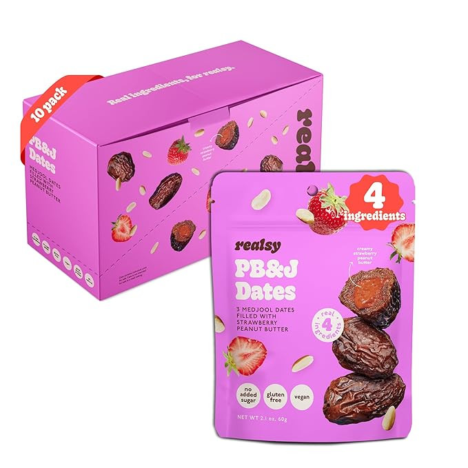 Realsy Peanut Butter and Jelly Stuffed Medjool Dates, Organic Dates with No Sugar Added, Good Sou... | Amazon (US)