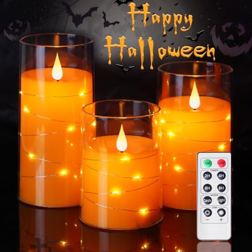Homemory Halloween Orange Flameless Candles with String Lights, Battery Operated LED Candles with Remote and Timer, Candles for Halloween Decoration, Fall, Harvest Festival | Amazon (US)