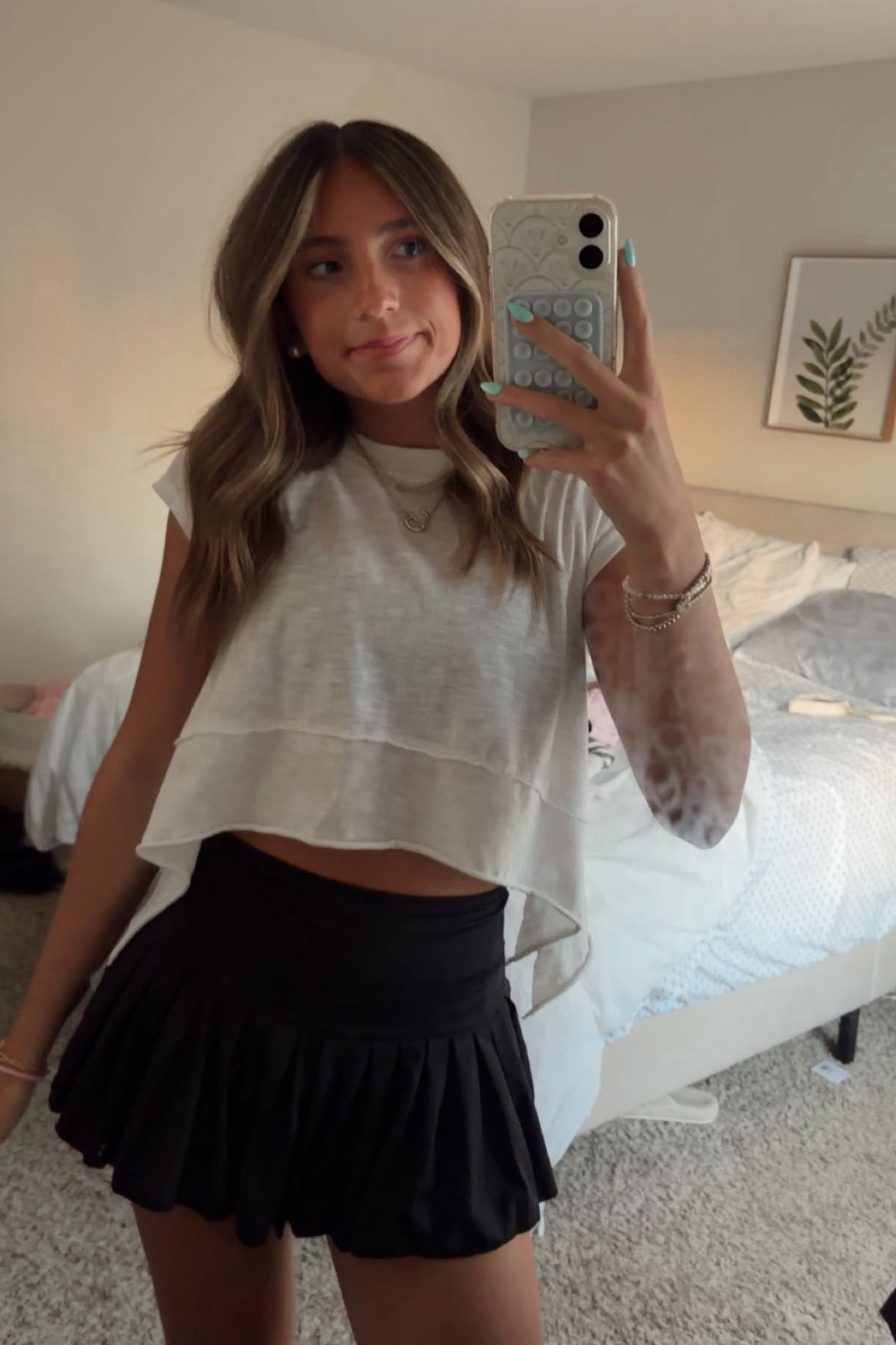 summer outfit inspo! this is my go to easy outfit for when I need to throw something on quick, but still leave the house cute. the top is actually from SheIn, but a dupe to the free people version. I am wearing my black Gold Hinge pleated skirt, and a lululemon bra. This outfit is cute for school, errands, golfing, pickle ball, you name it

#LTKoutfitinspo #outfitideas #OOTD #summerstyle #summeroutfitinspo 

 

#LTKdayinmylife #LTKootd #LTKSeasonal