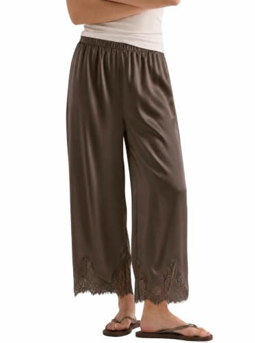 Tankaneo Womens Silk Satin Pants Wide Leg Lace Elastic Pajama Lounge Pants | Amazon (US)