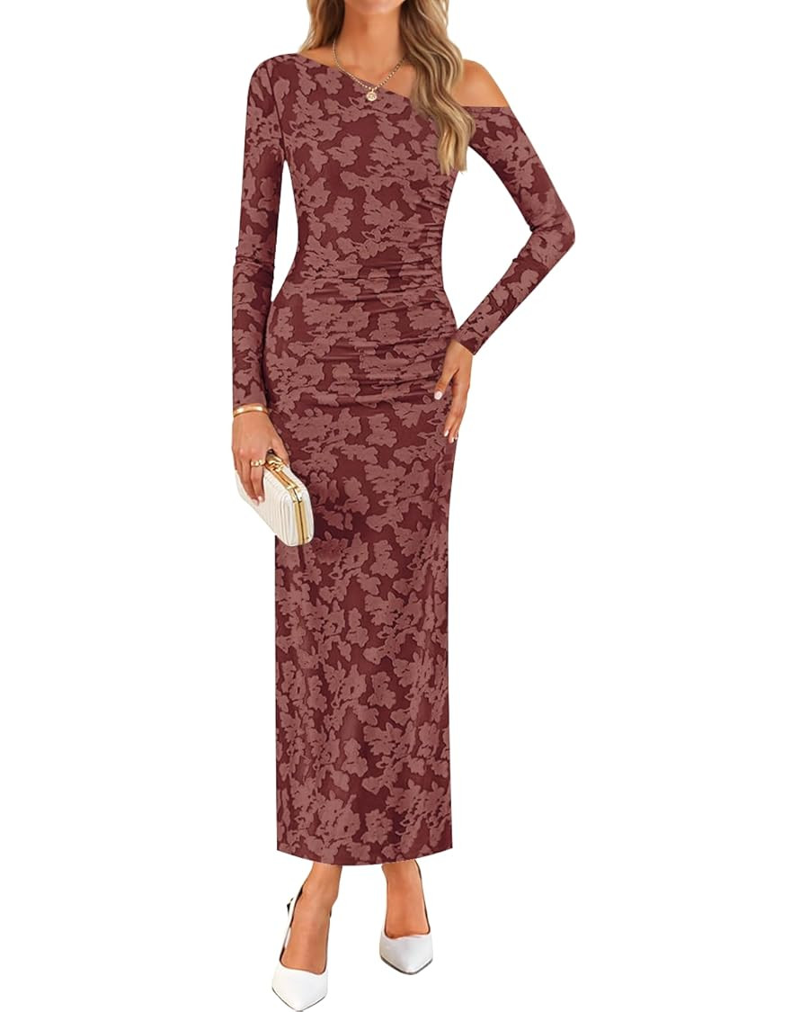 ZESICA Women's Fall Floral Off Shoulder Bodycon Maxi Dresses 2025 Long Sleeve Ruched Elegant Cock... | Amazon (US)