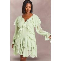boohoo Women's Plus Chiffon Ruffle Mini Dress in Sage | Size: 12 | boohoo (US & Canada)