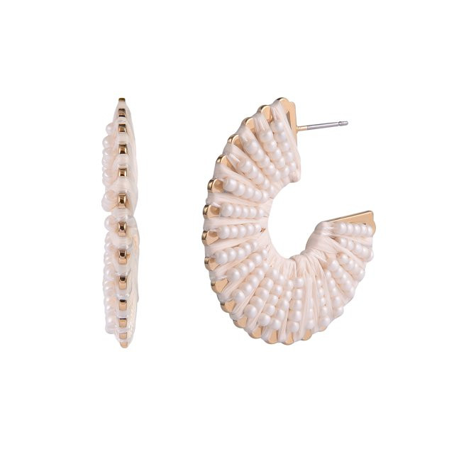 Time and Tru Women's Gold-Tone Wrapped White Beaded C-Hoop Earrings | Walmart (US)