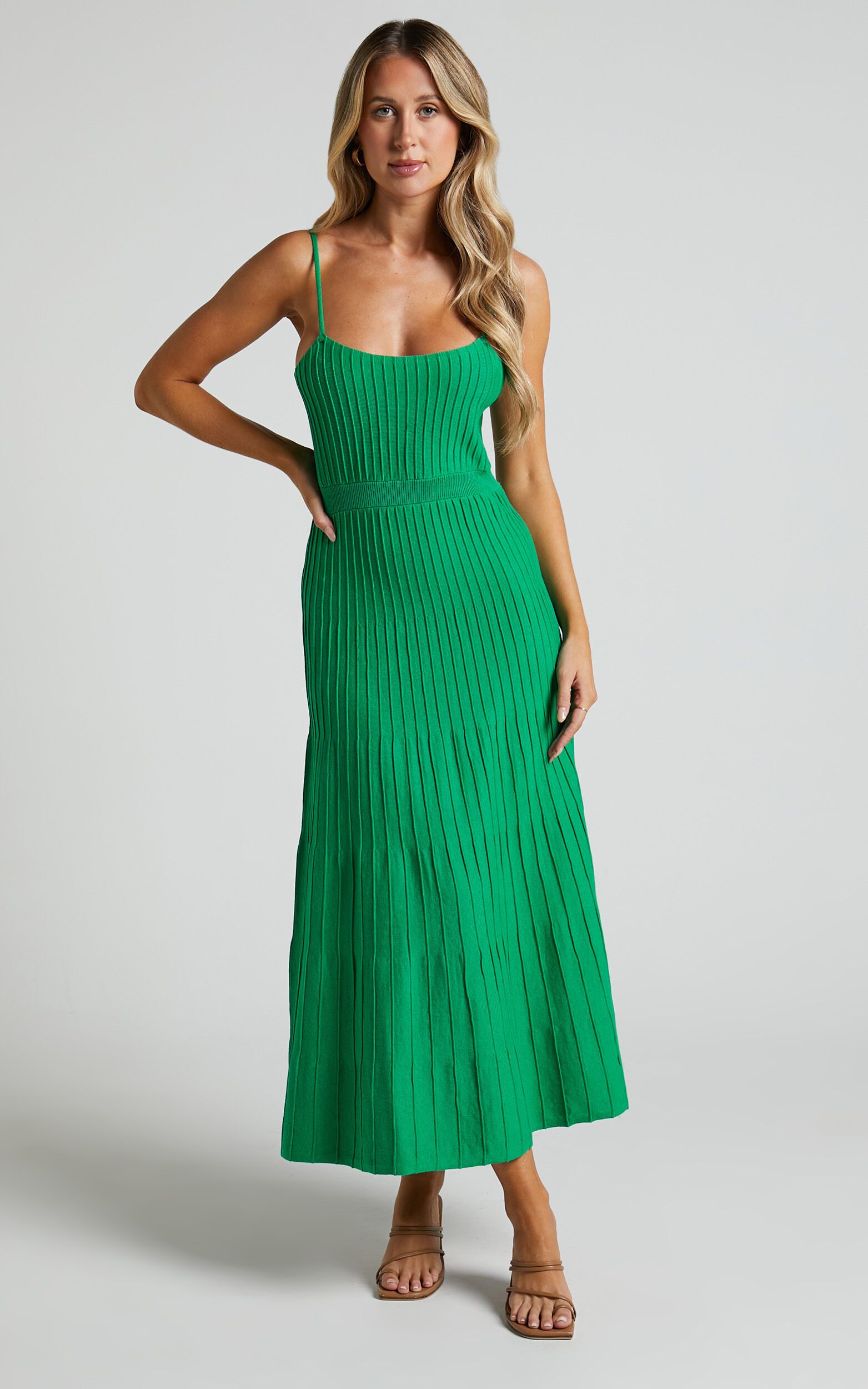 Donissa Midi Dress - Panelled Knit Dress in Green | Showpo (US, UK & Europe)